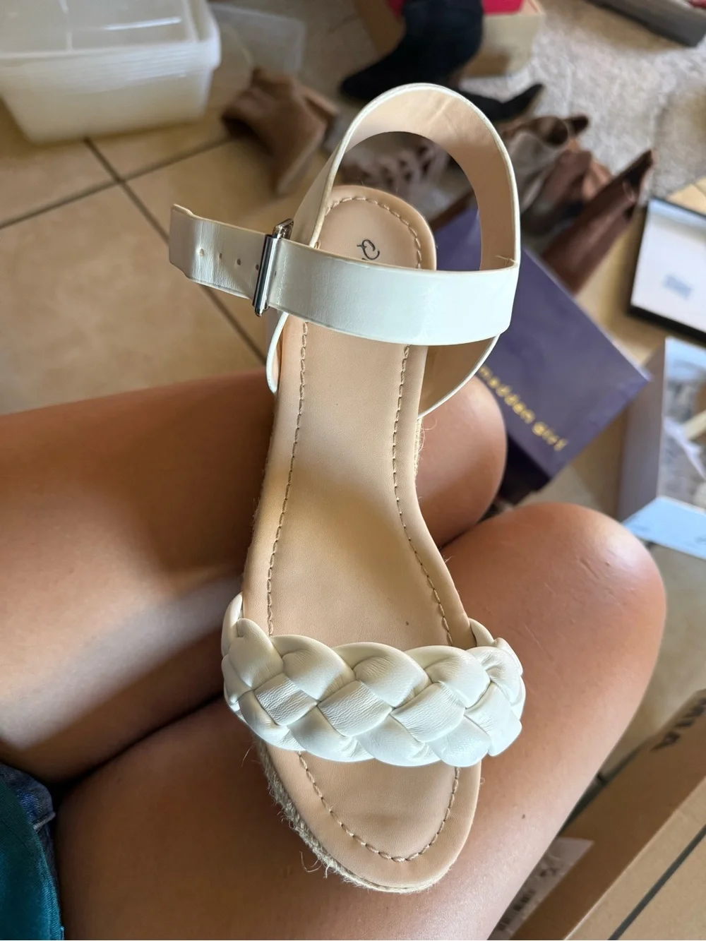 Qupid Cream Braided Espadrille Platform Wedge Sandals